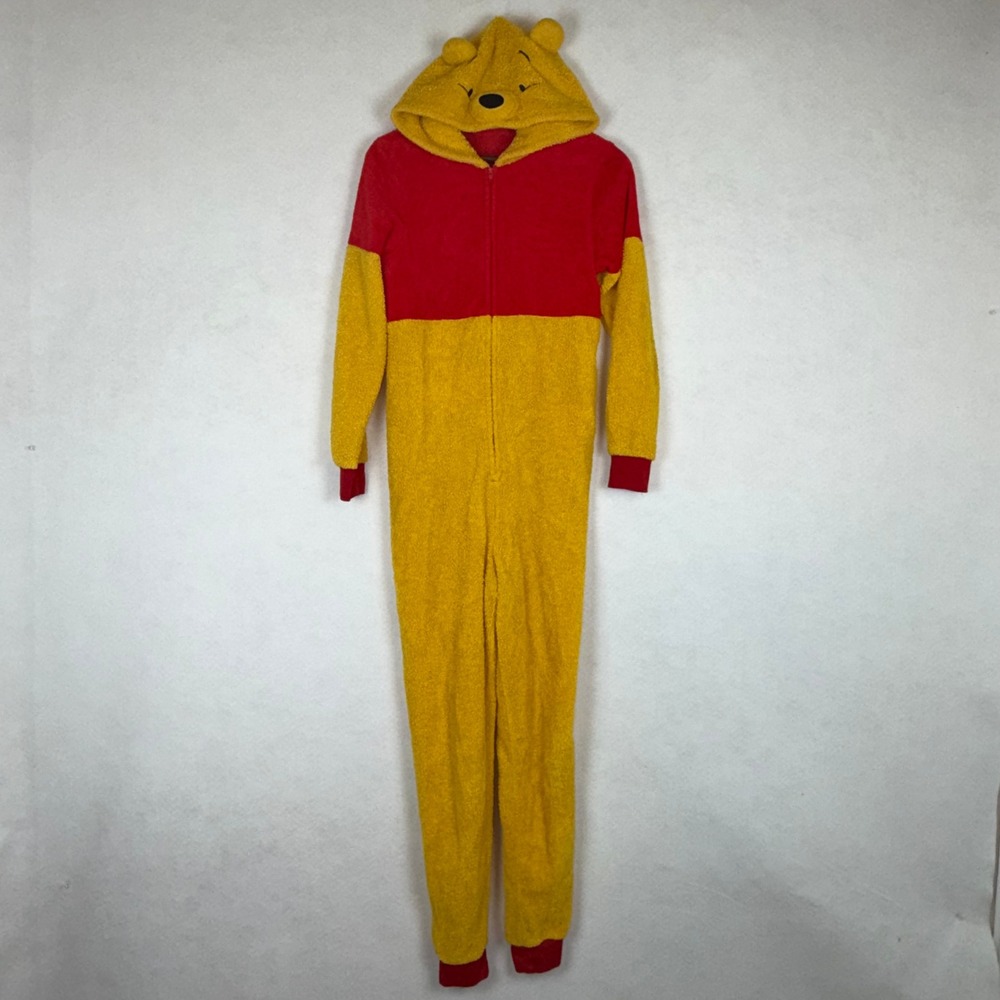 Disney Winnie the Pooh Union Suit Pajamas One Piece Sherpa Fleece Yellow Red L
